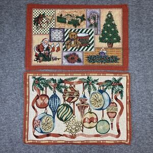 Lot of 7 Christmas Placemats Woven Tapestry 12x19 Santa Ornaments Tree Gifts